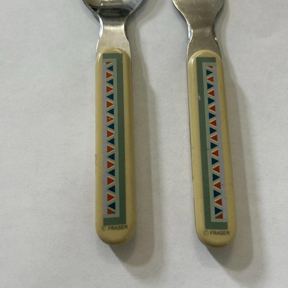 Fraser Kids 2pc Stainless Steel Spoon & Fork Set Beige Geometric Plastic Handles